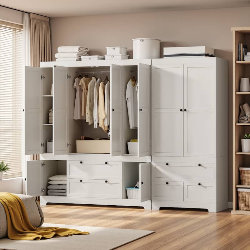 Pocassy 71" H Wardrobe Closet with Drawers with Doors and Storage - White-7 Doors with 5 Drawers and 2 Cabinet