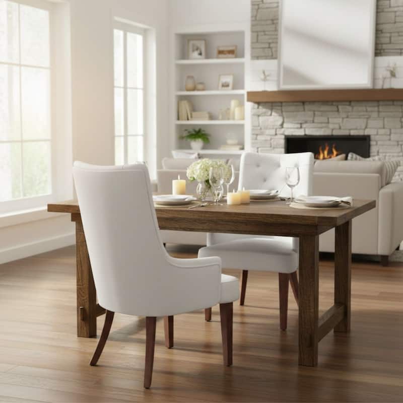 Spruce High-Back Leather/Velvet Upholstered Dining Chair with Diamond-Tufted Backrest and Walnut Finish Rubberwood Legs Set of 2