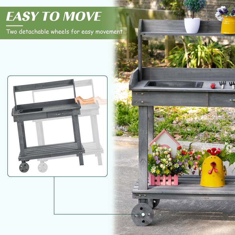 Outsunny 36.25" x 17.75" x 46.75'' Wooden Potting Bench Work Table with 2 Removable Wheels & Large Storage Spaces