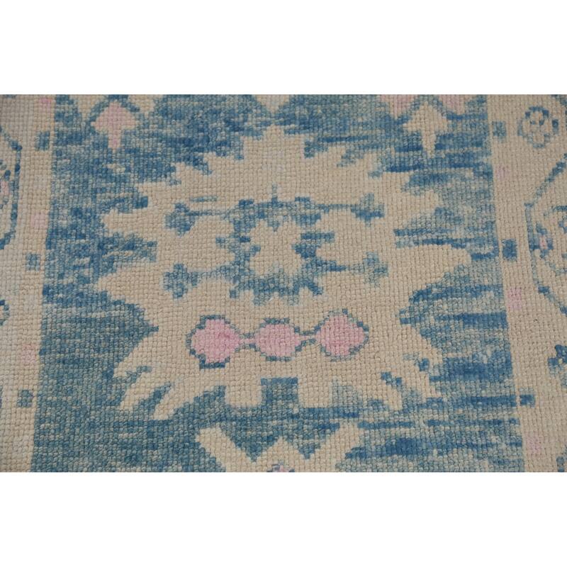 Hand Knotted Oriental 100% Wool Carpet Transitional Floral Navy Blue & Blues Oushak Runner Rug - 14' 5'' X 3' 1''