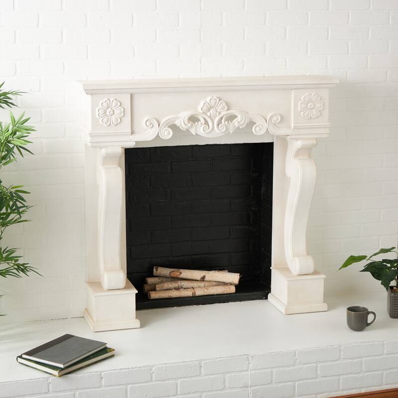 White Wooden Freestanding Scroll Decorative Fireplace Mantle with Floral Accents - 10"W x 45"L x 42"H
