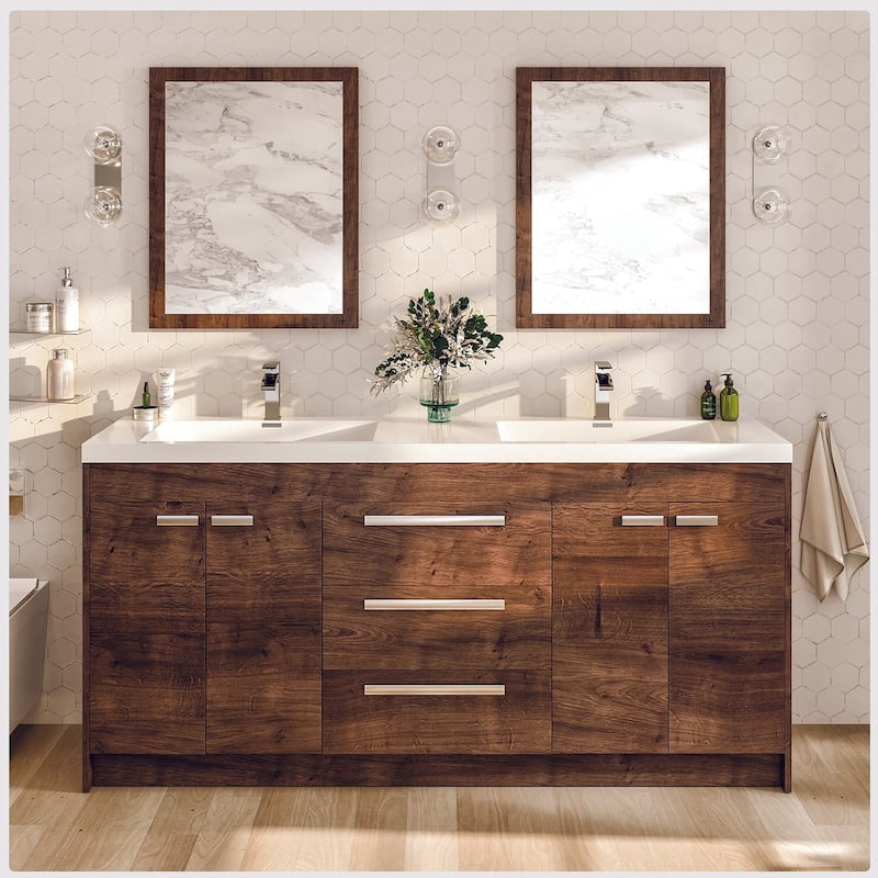Eviva Lugano 60 inch Rosewood Modern Double Sink Bathroom Vanity with White Integrated Acrylic Top - 60"