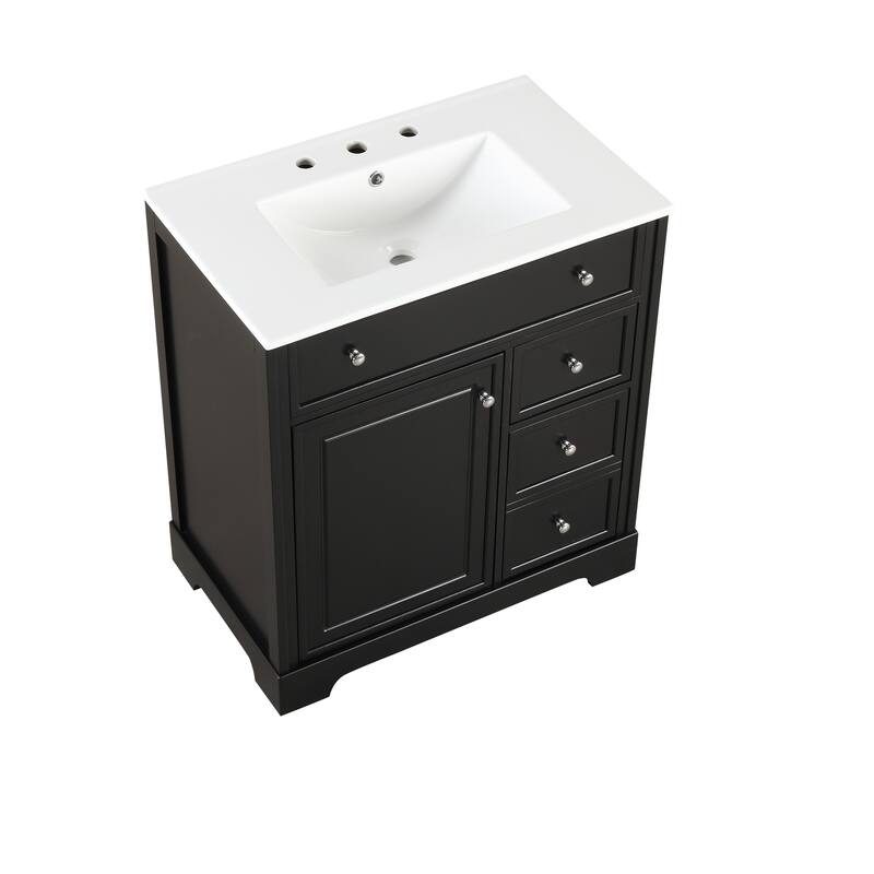 Bathroom Vanity with Sink, Wooden Bathroom Cabinet with Door and 2 Drawers, Bathroom Storage Cabinet with Solid Wood Frame
