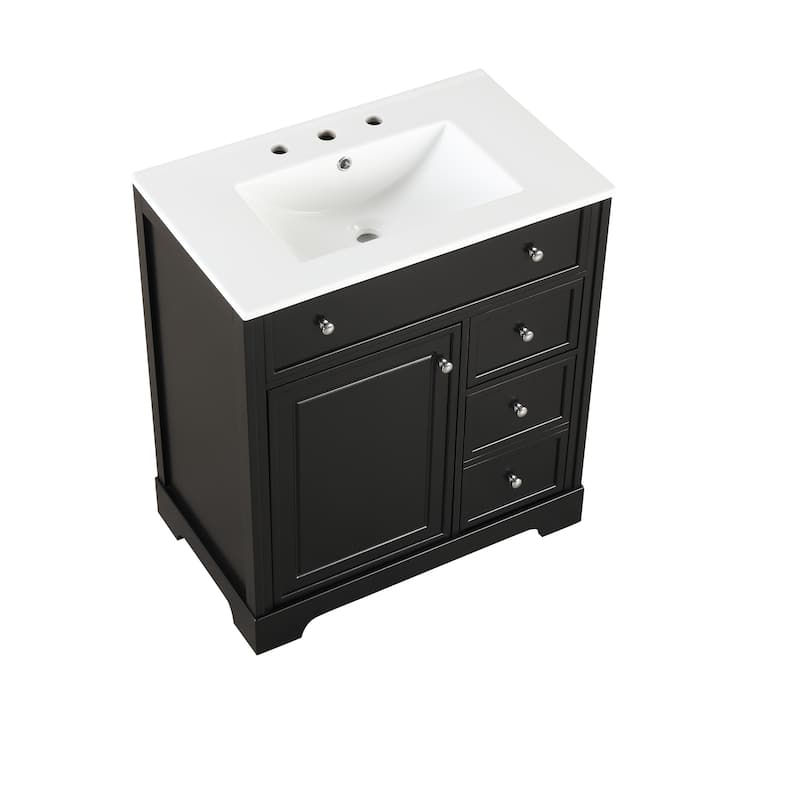 Modern 30-Inch Bathroom Vanity Cabinet with Ceramic Sink, 2 Drawers, and Door Shelf, White