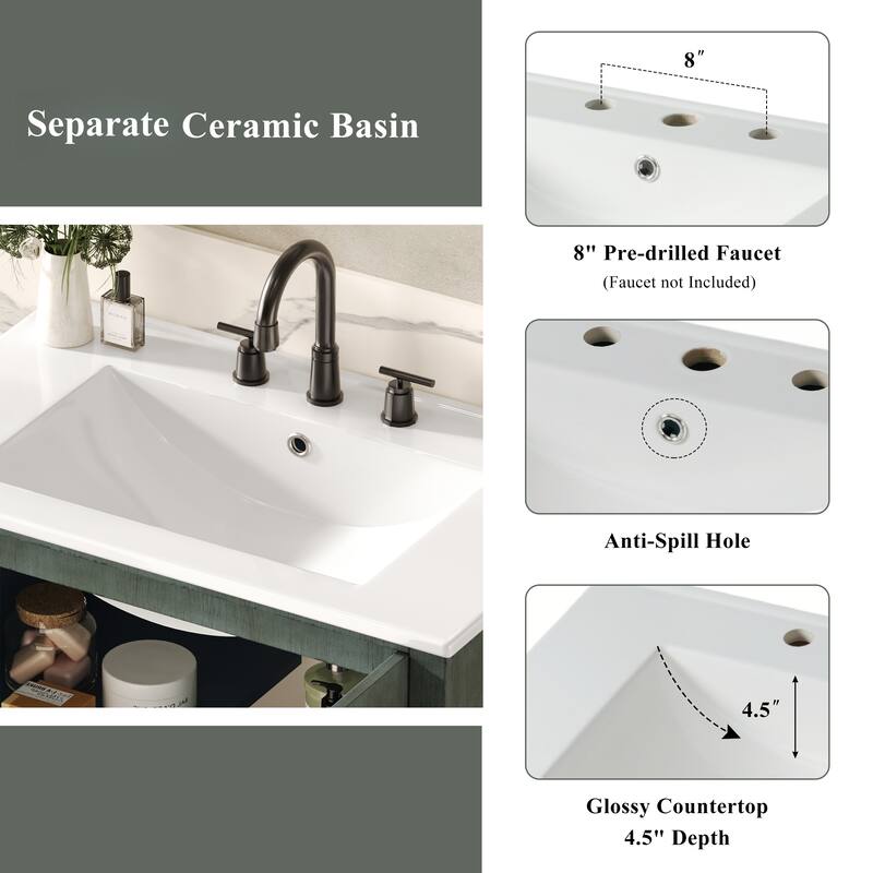 30-Inch Vintage Bathroom Vanity, Rectangle Ceramic Sink, 2 Doors, Solid Wood Legs and Adjustable Shelves
