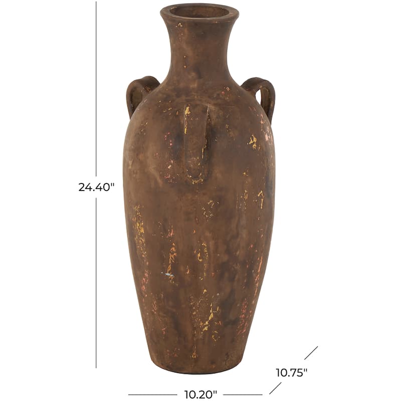 Ceramic Antique Style Distressed Vase with Handles - Dark Brown - Roche River Decor - 11"W x 10"L x 24"H