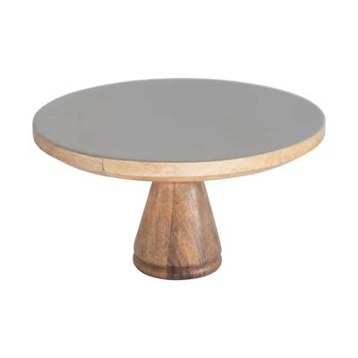 Enameled Mango Wood Pedestal Stand with Gray Top