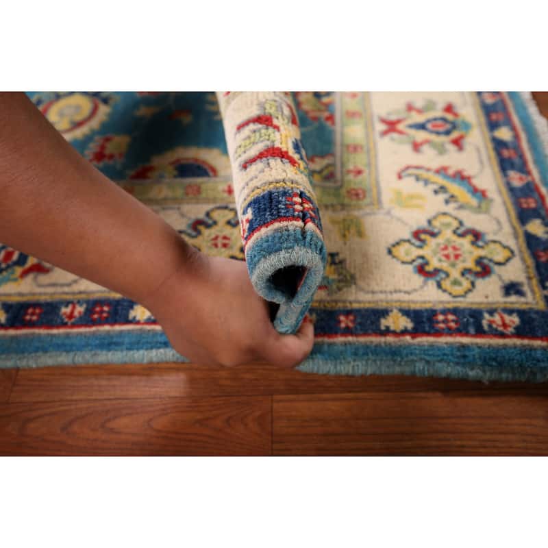 Light Blue Kazak Traditional Accent Rug Hand-Knotted Wool Carpet - 3'5" x 4'11"