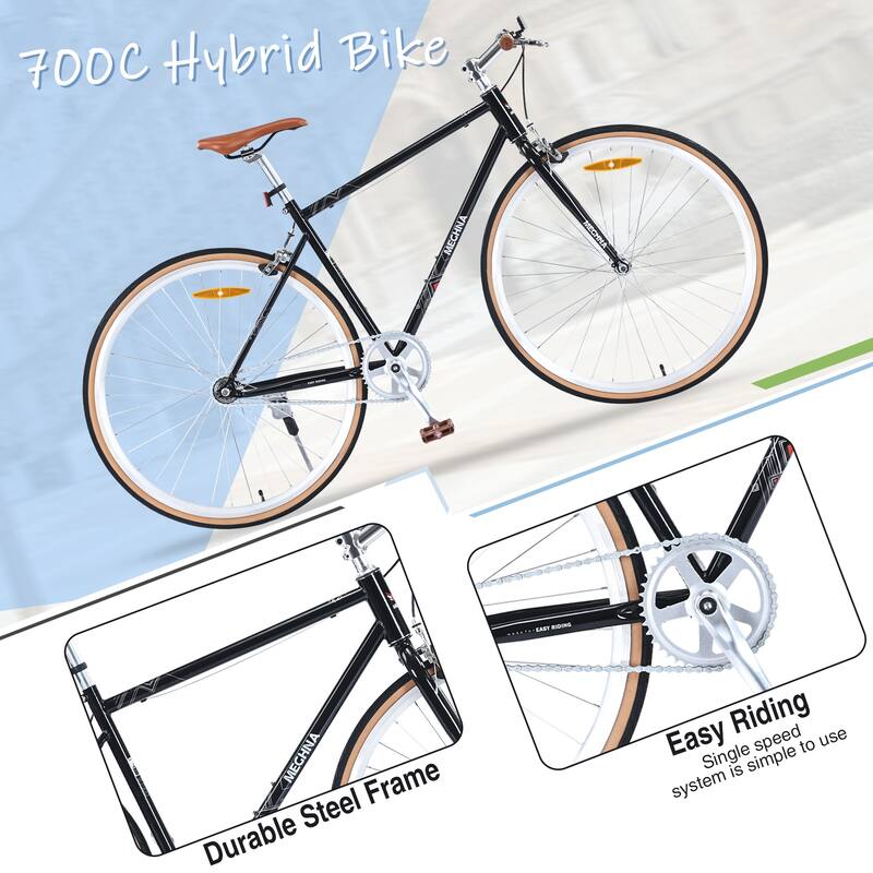 Single-Speed 700C Road Bike for Men and Women, Retro Style Steel Frame with Caliper Brakes