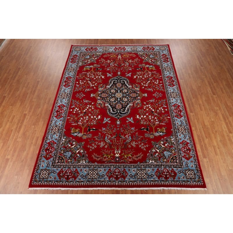 Animals Red Pictorial Kashan Turkish Area Rug Machine Made Carpet - 9'7" x 13'1"
