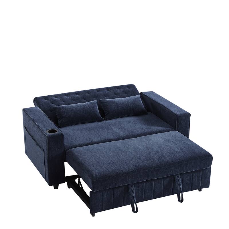 61.41" Chenille Convertible Sofa Bed with Adjustable Backrest, USB & Cup Holders