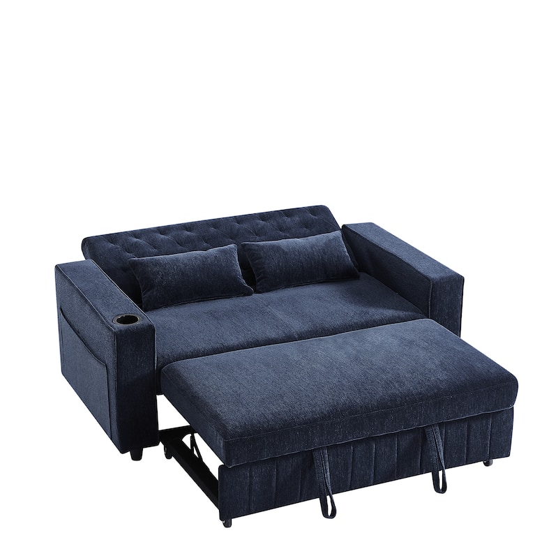 Chenille Loveseat Convertible Pull-out Sleeper Sofa Bed Adjustable Backrest Recliner Sofa w3 USB Ports & 2 Pillows