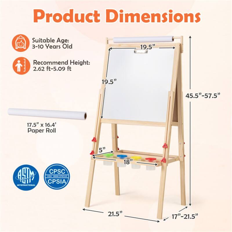 3-in-1 Kids Art Easel with Magnetic Chalkboard Whiteboard Paper Roll Adjustable Height Storage Trays and Paint Cups