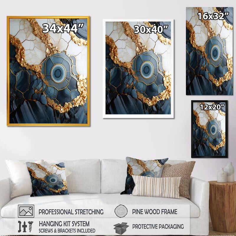 Designart "Gold And Blue Geode Art IV" Abstract Liquid Ink Wall Art Gold - Modern Wrapped Canvas For Hallway Décor