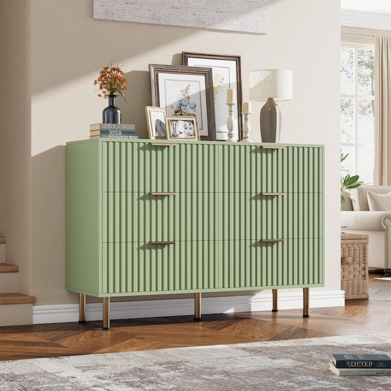 6 Drawer Fluted Dresser for Bedroom, Wide Modern Chest of Drawers, Long Double Dresser - Green