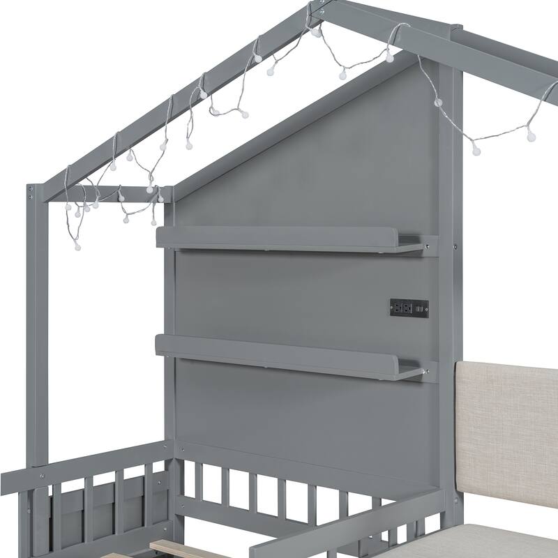 Twin Size House Bed with Upholstered Sofa, Charging Station, Wireless Charging, Shelves, and Drawers, Gray