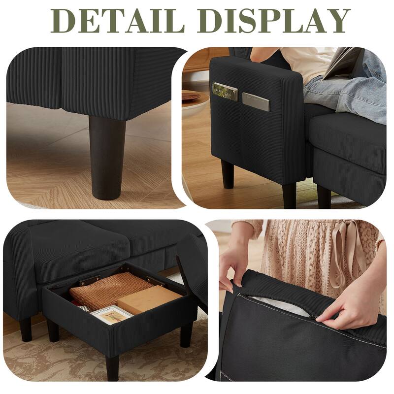 3 Pieces Corduroy Living Room Set with Sofa ,Storage Ottoman and Chair