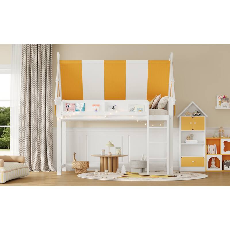 Roomfitters Twin/Full Size Loft Bed with Canopy, LED Lights and Book Shelf