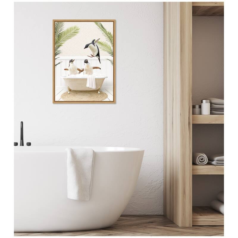 Kate and Laurel Sylvie Penguins in Palms Bath Framed Canvas by Amy Peterson
