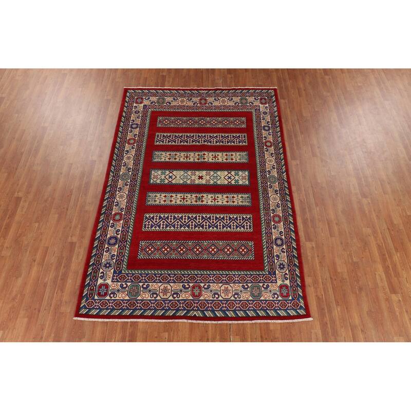 Red Geometric Kazak Oriental Area Rug Handmade Wool Carpet - 6'6" x 9'7"
