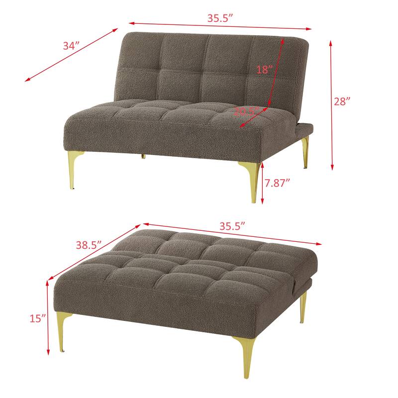 Convertible Futon Teddy Fabric Sofa Bed With Gold Metal Legs
