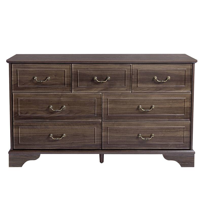 7-Drawer Double Dresser Brown P2 MDF Wood, Spacious Storage for Bedroom, Living Room, or Entryway