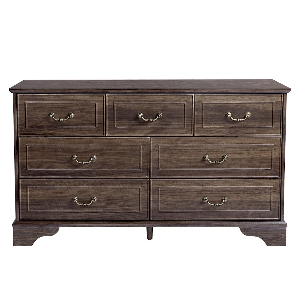 7-Drawer Double Dresser Brown P2 MDF Wood, Spacious Storage for Bedroom, Living Room, or Entryway