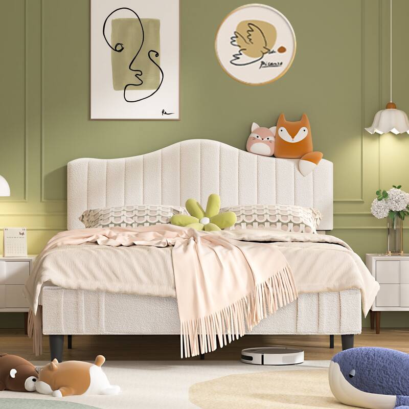 VECELO Upholstered Bed Frames, Platform Beds with Height Adjustable Teddy Fabric Headboard, 7.9'' Under Bed Space - Beige - Queen