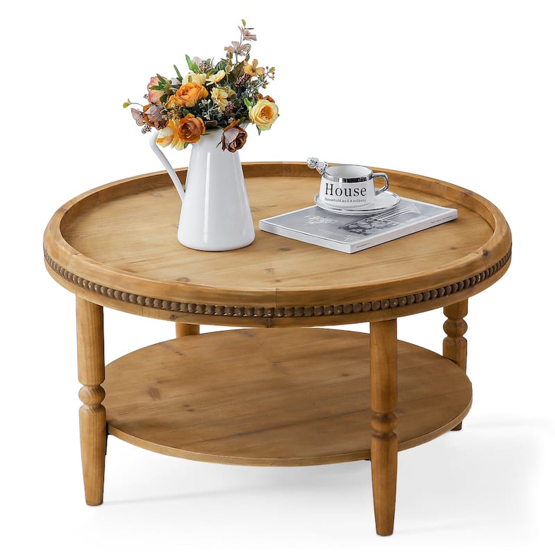31.3" Round Boho Coffee Table with Storage Shelf - 2-Tier Accent Table with Beaded Trim & Curved Solid Wood Legs