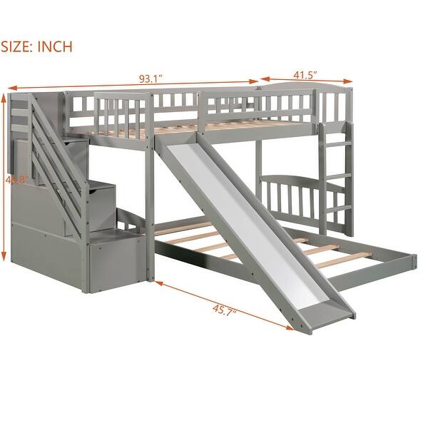 Stairway Twin over Twin Bunk Bed with Two Drawers, Slide, and Convertible Ladder, Gray