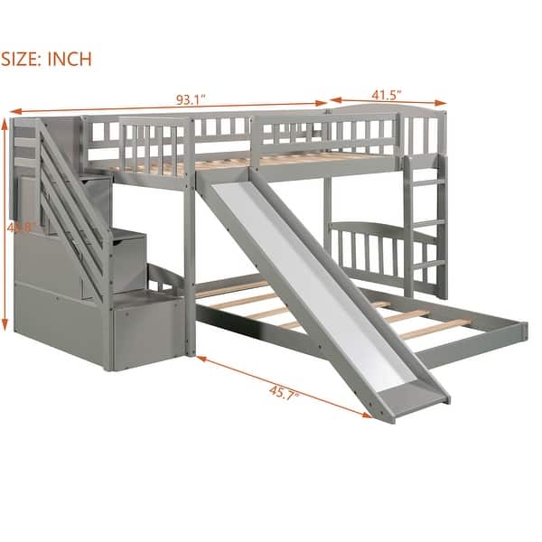 dimension image slide 0 of 2, Twin Over Twin Bunk Bed with Two Drawers & Full-Length Guardrail, Solid Wood Bunk Bed Frame with Convertible Ladder and Slide
