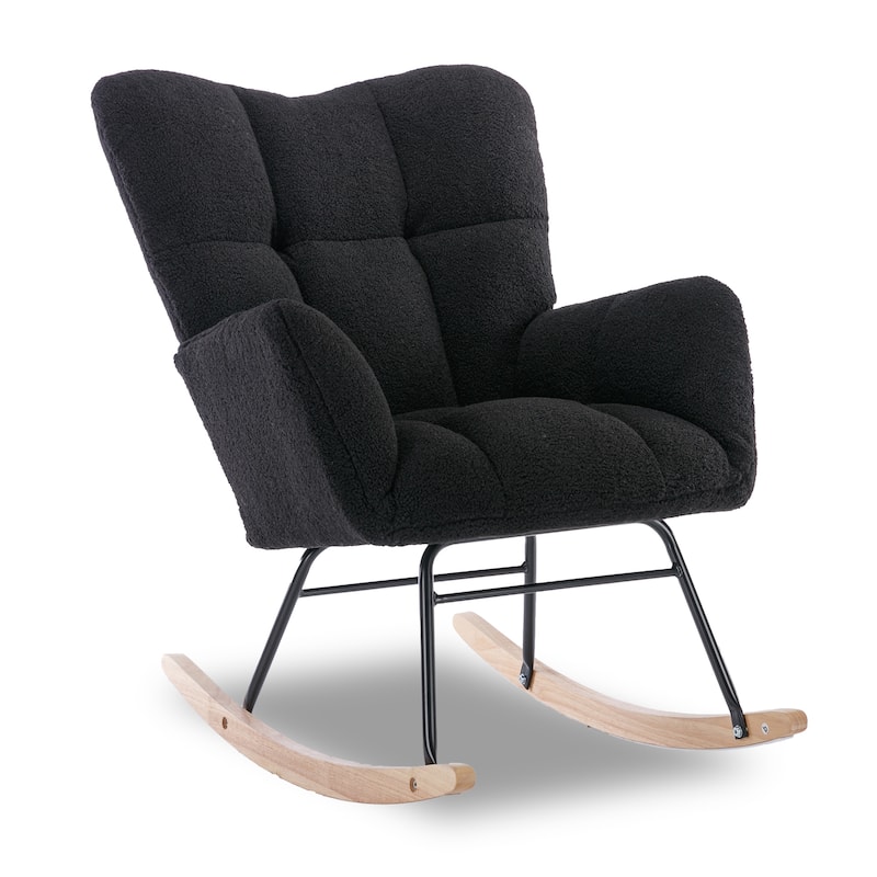 Black Teddy 31.5" High Back Buttons Tufted Rocking Chair - Black Teddy