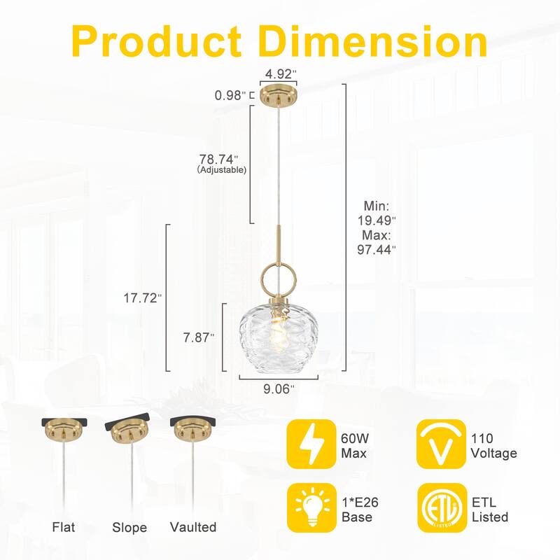 Modern Gold Geometric Glass Pendant Light Fixture Adjustable Cord - Dia.9.06-in