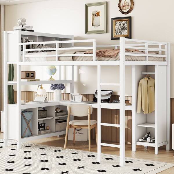 slide 2 of 14, Full Size Loft Bed with Wardrobe,L-shaped Desk,Storage Cubes and Shelves for Bedroom White