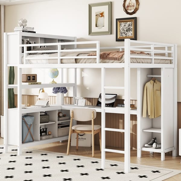 Full Size Metal Loft Bed with Wardrobe L Shaped Desk Storage Shelves ...
