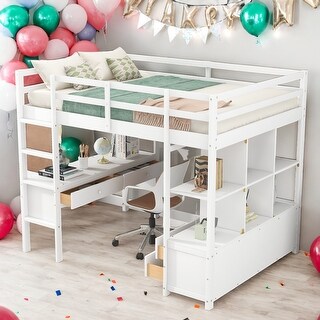 Modern Full Size Loft Bed With Built-in Desk With Two Drawers And Storage Shelves And Drawers