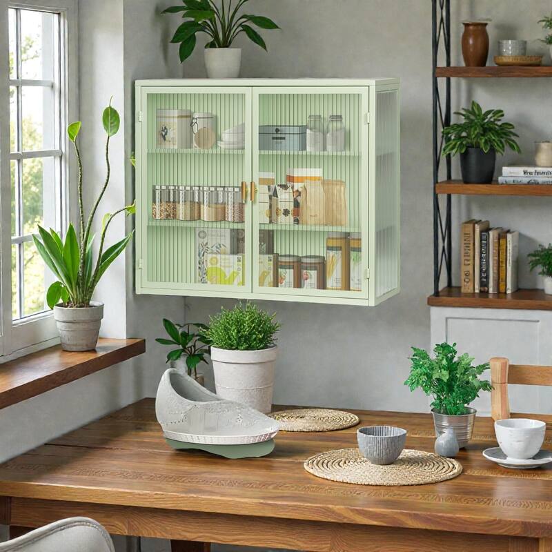 27.56" Modern Wall Cabinet with Glass Doors, 3-Tier Storage, Iron and Tempered Glass Hanging Cabinet for Bathroom and Entryway