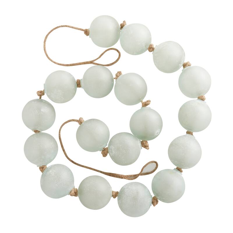 Teal Glass Handmade Round Extra Long Frosted Orb Beaded Garland with Tassel with Knotted Jute Rope