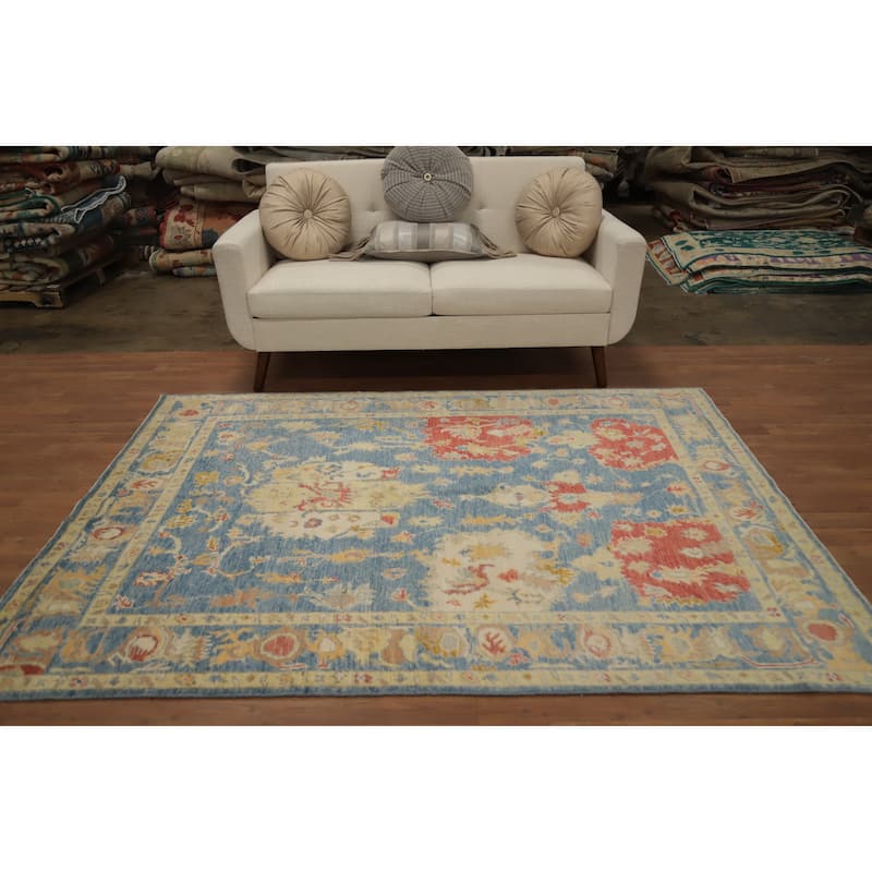 Hand Knotted Oriental 100% Wool Carpet Transitional Floral Navy Blue & Blues Oushak Area Rug - 7' 2'' X 5' 2''