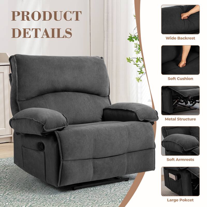 Oversized Manual Recliner Chair, Push-Back Velvet Recliner with Massage and Pillow Top Arms, for Living Room/Office