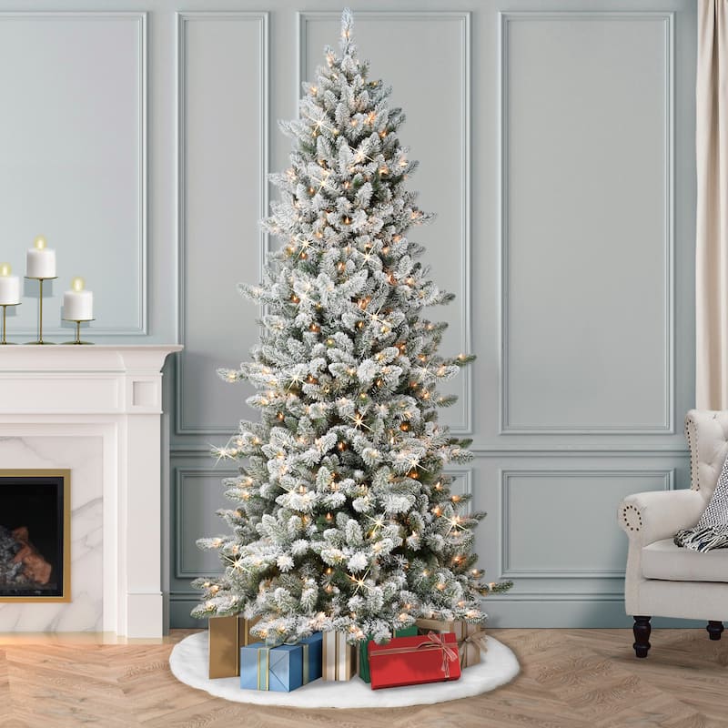 Puleo International Pre-Lit 7.5' Slim Flocked Royal Majestic Spruce Artificial Christmas Tree - Green