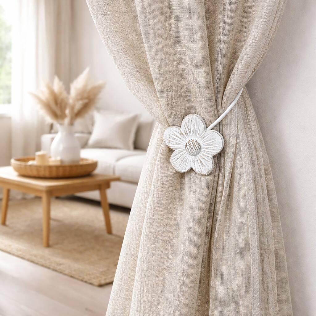 Resin Flower Curtain Tiebacks with Magnetic Closure 12 in White/Gold