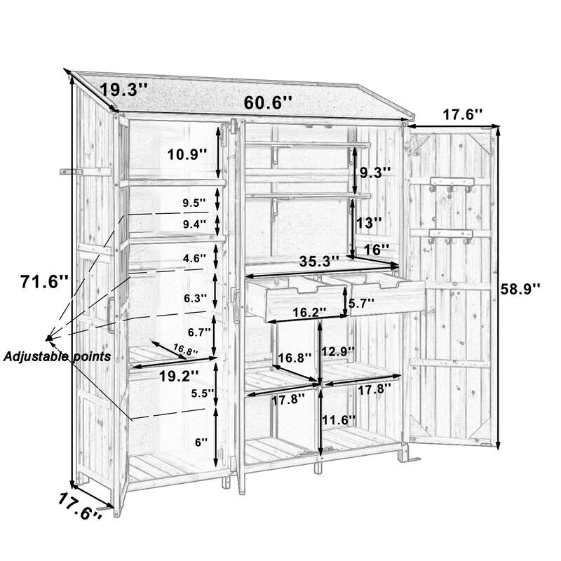 72" Large Patio Garden Shed with Waterproof Roof, Outdoor Storage Cabinet with Workstation & Hooks
