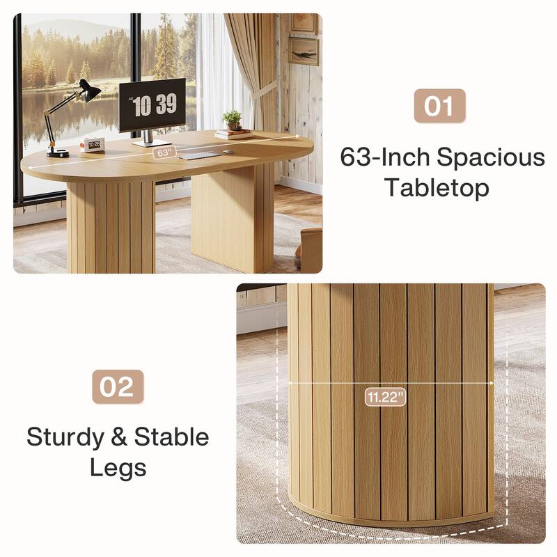63-Inch Computer Desk for Home Office, Modern Executive Office Desk, Light Brown