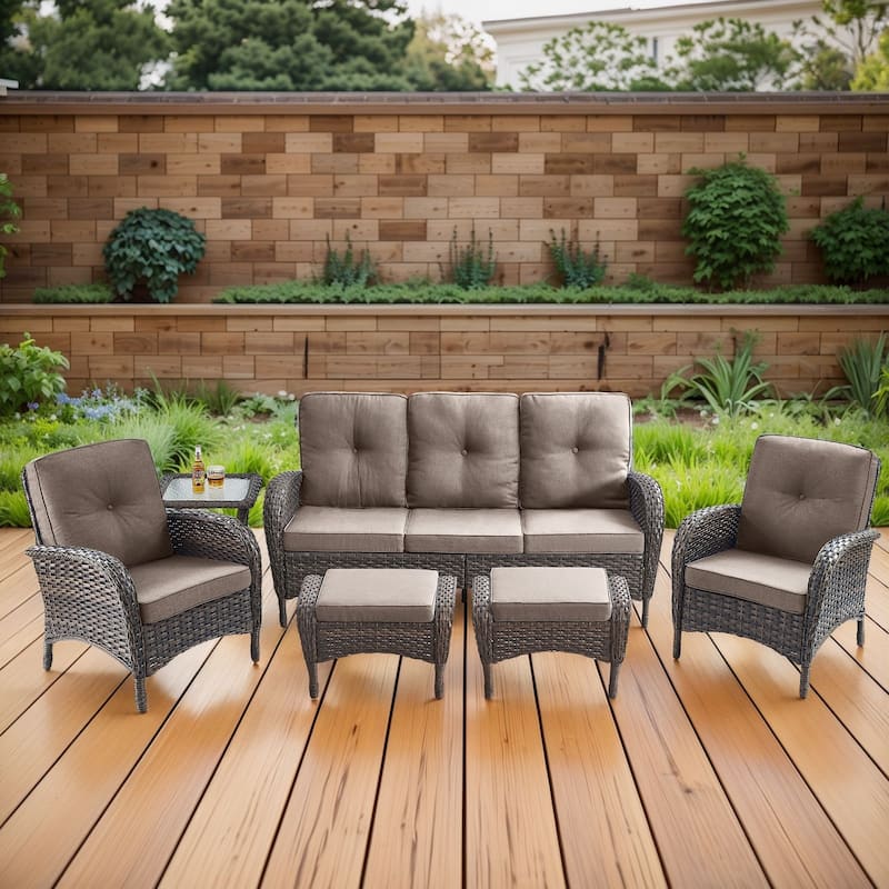 Gymojoy 6-Piece Outdoor Wicker Patio Furniture with 3 Seat Sofa, Rattan Coversation Set with Water Resistant Cushions - Brown Wicker / Grey Cusion - 6-Piece