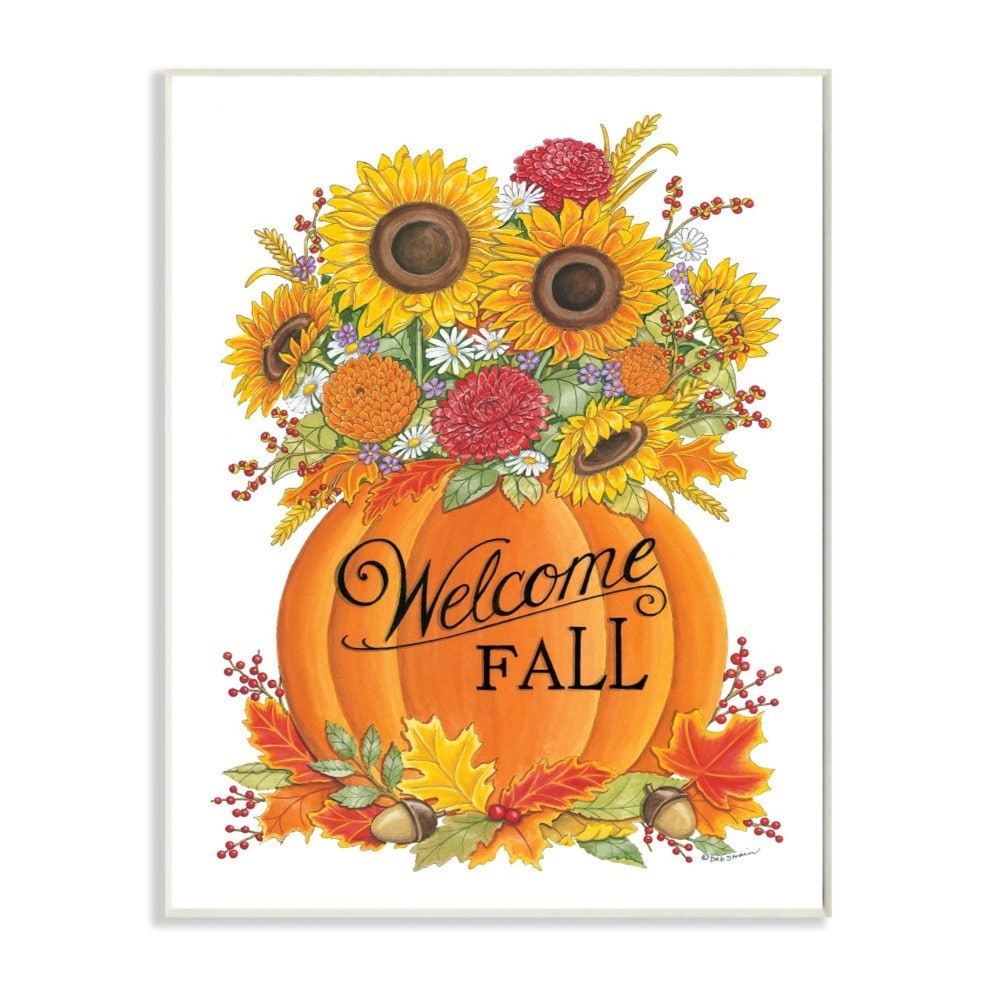 flyout slide 0 of 4, Stupell Welcome Fall Phrase Autumn Pumpkin Sunflower Florals Wood Wall Art 13 x 19