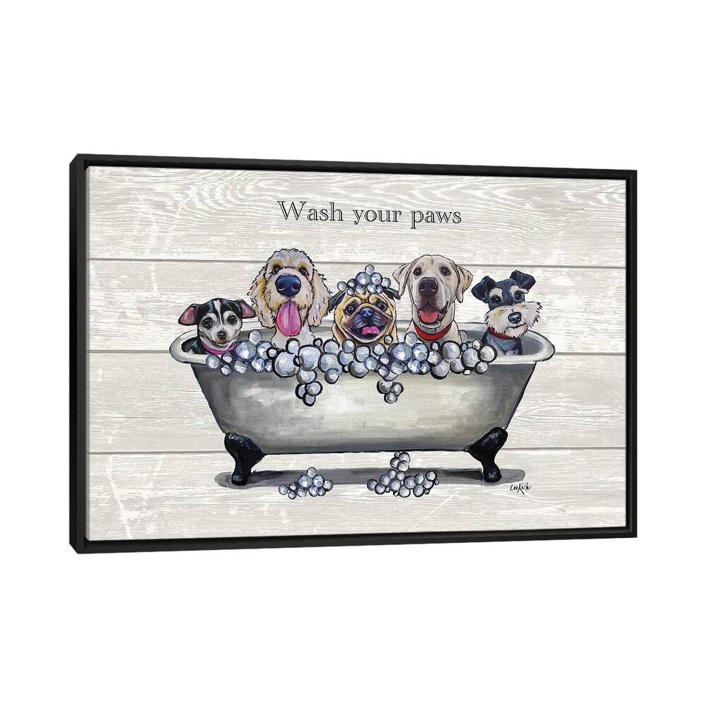 iCanvas "Tub With Dogs, Bathroom Dogs, Wash Your Paws" by Hippie Hound Studios Framed Canvas Print