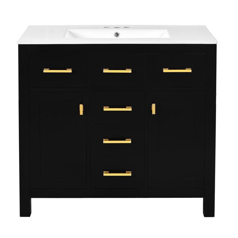 36'' Storage Cabinet for Bathroom Vanity with Ceramic Sink, 4 Drawers, 2 Cabinets and Gold Metal Handles, Freestanding Cabinet