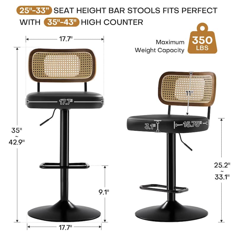 Adjustable Height Swivel Bar Stools with Back and Footrest - 17.7"W x 15.75"D x 35"-42.9"H