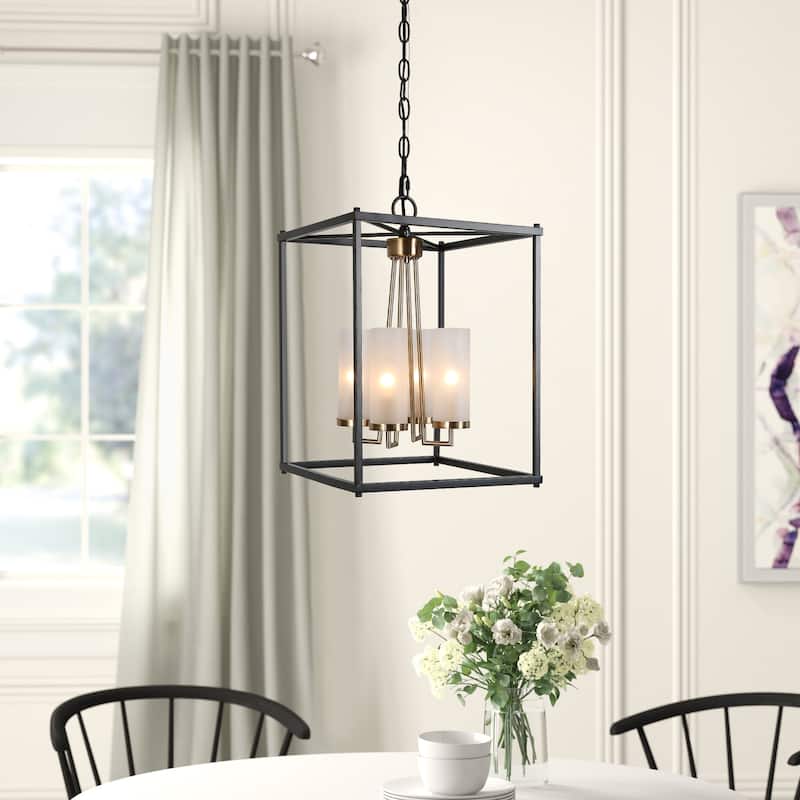 Modern Transitional 4-Light Black Brass Square Metal Glass Kitchen Pendant for Foyer - D12" x H80.5"